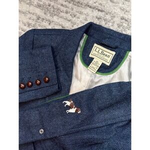 L.L. Bean Blazer Womens 14 Blue Shetland Wool Herringbone Dog Embroidery Jacket